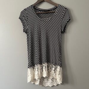 BCX Small Striped Black and White Lace Bottom Short Sleeve Top
